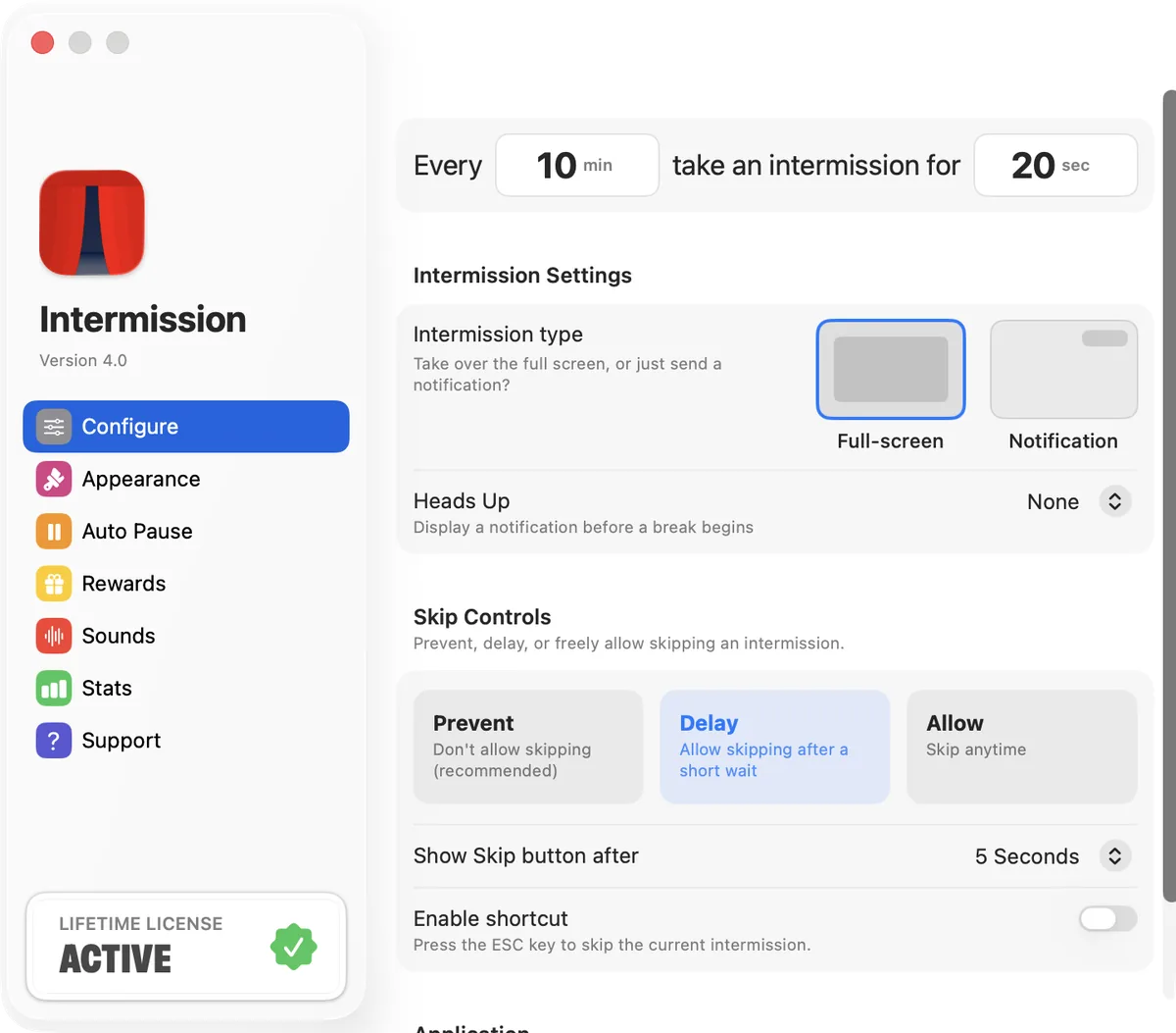 Intermission settings for break timing, full-screen or notification reminders, and skip controls