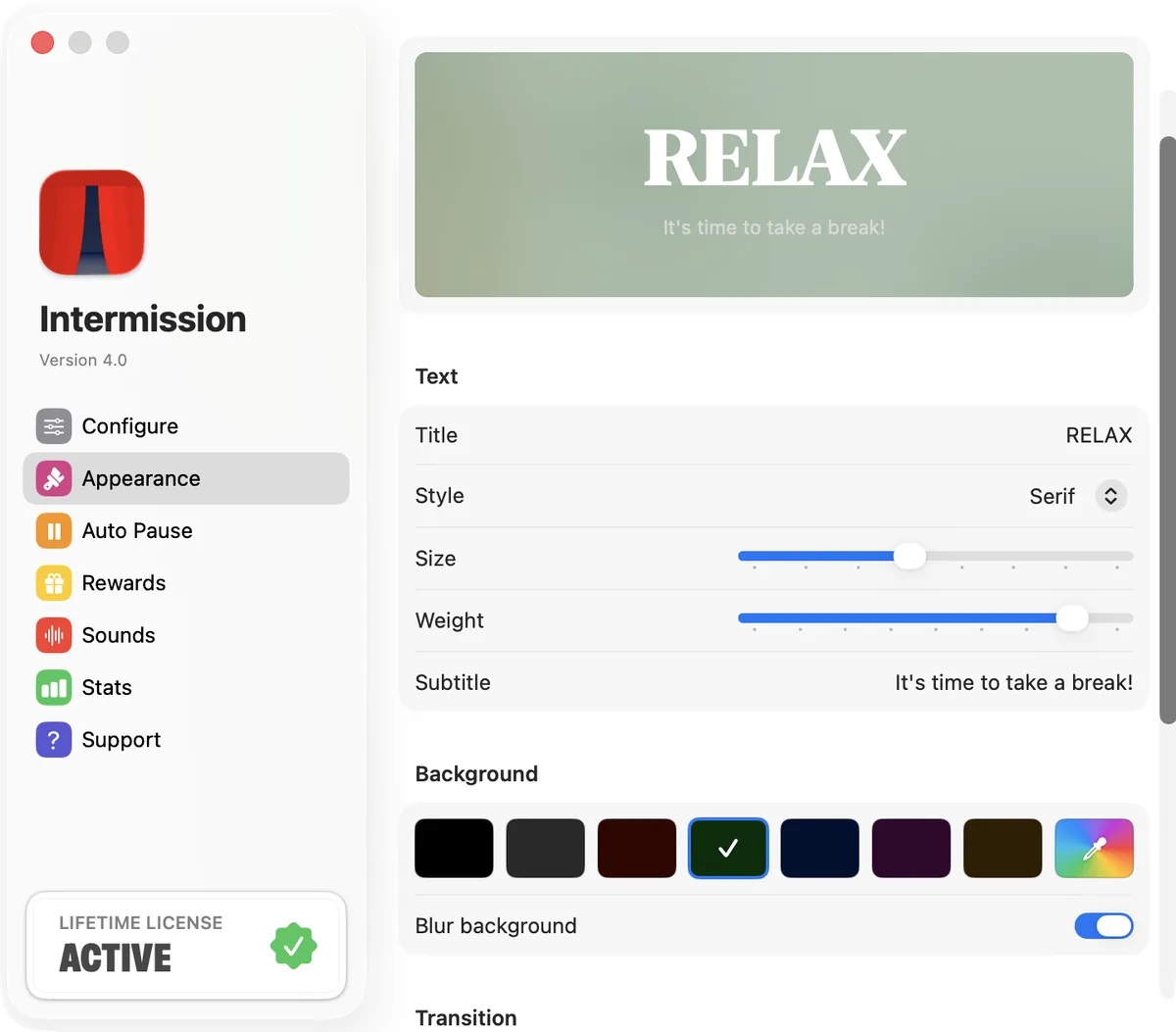 Intermission appearance settings with a custom RELAX message, fonts, and background colors